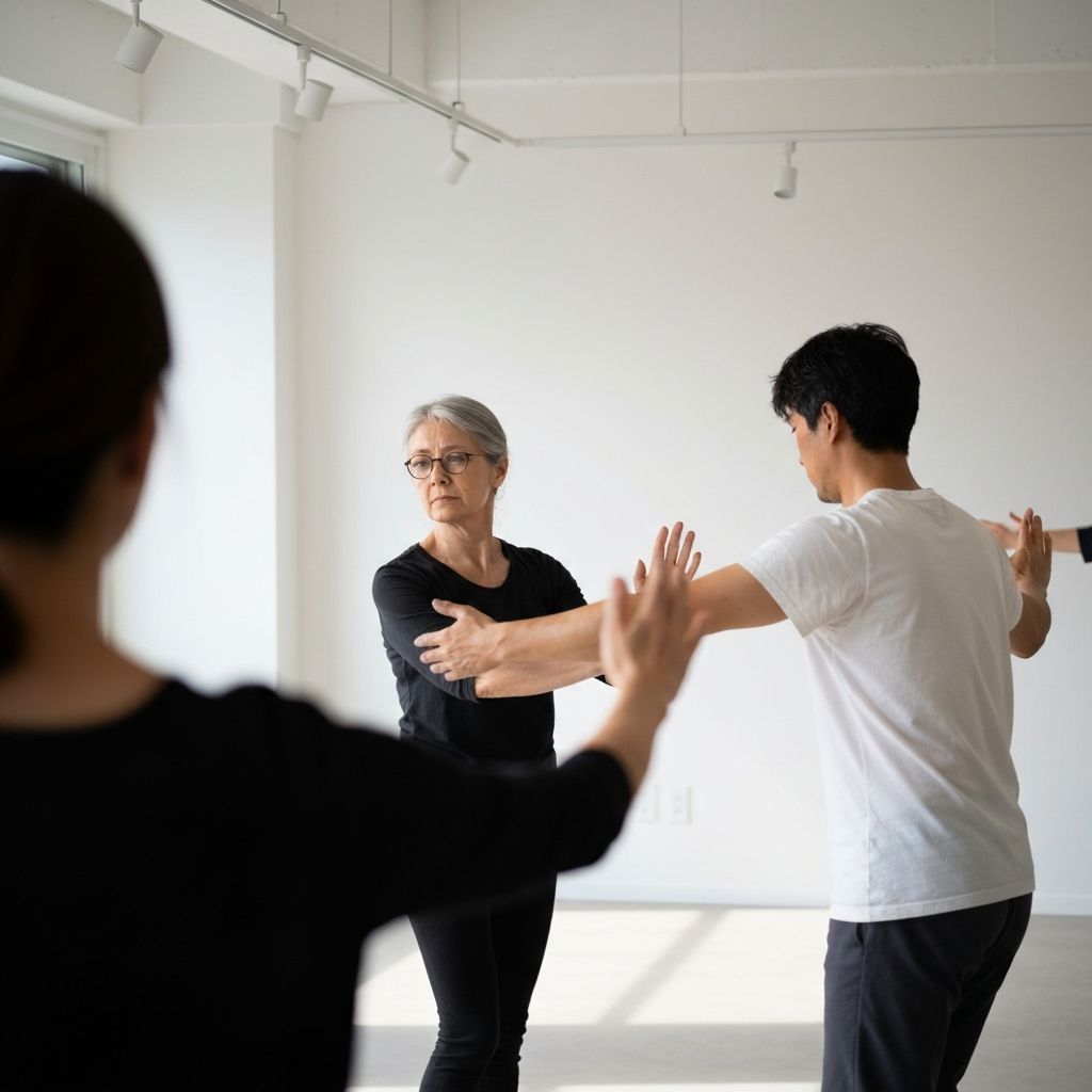 Menschen in langsamer, bewusster Bewegung in einem hellen, minimalistischen Raum